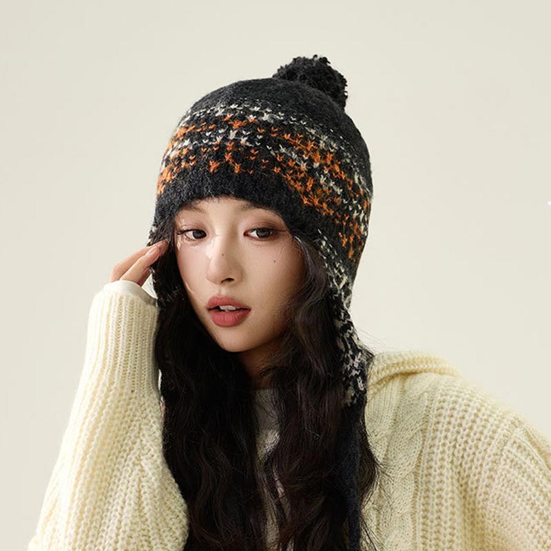 Осенне-зимняя шапка с защитой ушей, вязаная, женская, этнический стиль, теплая шерстяная шапка