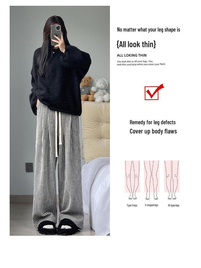 High-Quality Women's Retro Striped Wool Pants - Autumn/Winter Casual High-Waisted Slimming Straight-Leg with Wide-Leg Drape