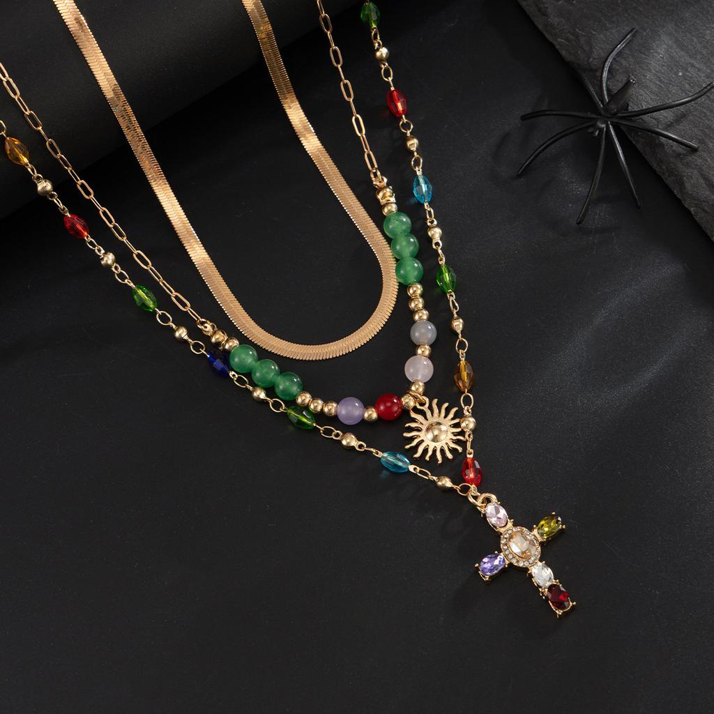 Colorful Crystal Necklace for Men, Trendy Hip-Hop Personality Cross Pendant Clavicle Chain for Men