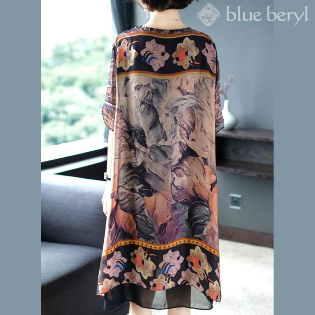 Шифоновое платье с ботаническим принтом «Голубой берилл» с полусвободными рукавами длиной до локтя, А-силуэта, длиной до колена, на подкладке, из шелковистой ткани, приталенное, коричневое, BB004-BR-M