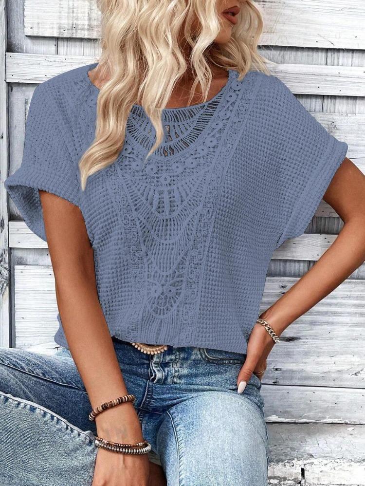 Весна Лето Женская Мода Футболка Европейский Американский Модный Коллекция Короткий Рукав Кружевная Отделка