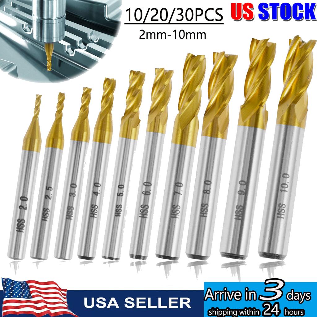 Концевые фрезы с 4 канавками и титановым покрытием, набор сверл с прямым хвостовиком HSS CNC 5/64" - 3/8", инструменты для обработки металла и дерева