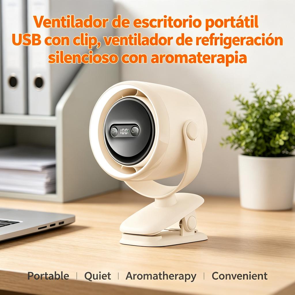 Ventilador de escritorio portátil USB con clip, ventilador de refrigeración silencioso con aromaterapia