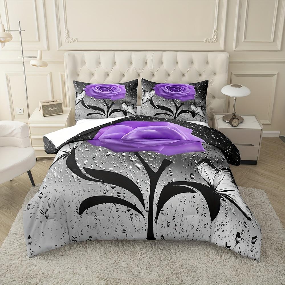 Набор из 3 предметов: Мягкое и удобное покрывало с принтом фиолетовой розы для спальни и гостевой комнаты. Включает 1 покрывало и 2 наволочки