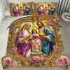Latacaca 3pcs Holy Family Duvet Cover Set Pink Roses and Golden Frame High Definition Bedding Set Home Bedroom Use