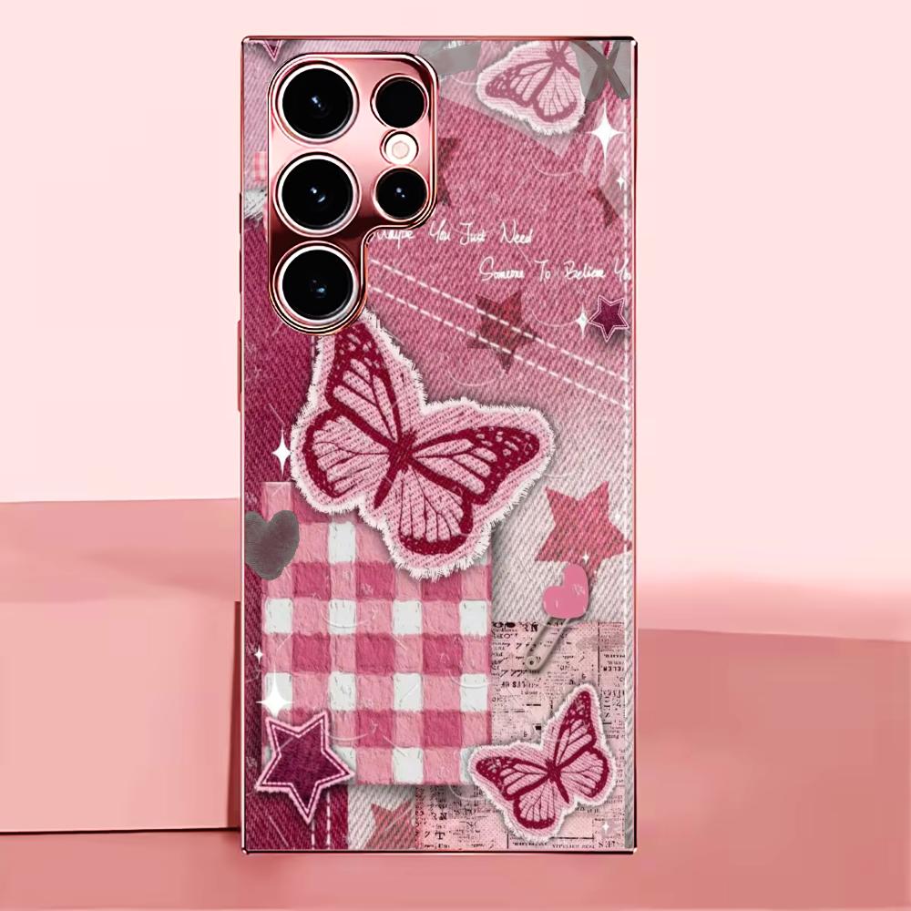 Чехол для телефона Glass с узором из звезд и бабочек, цвет Madam pink, для Samsung Galaxy S26 S25 S24 S23 S22 S21 FE Ultra Plus, ударопрочный