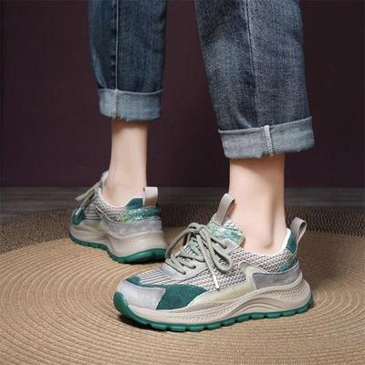 Женские кроссовки из сетки и кожи с цветными блоками - Дышащие, на толстой подошве, повседневная обувь для весны/лета