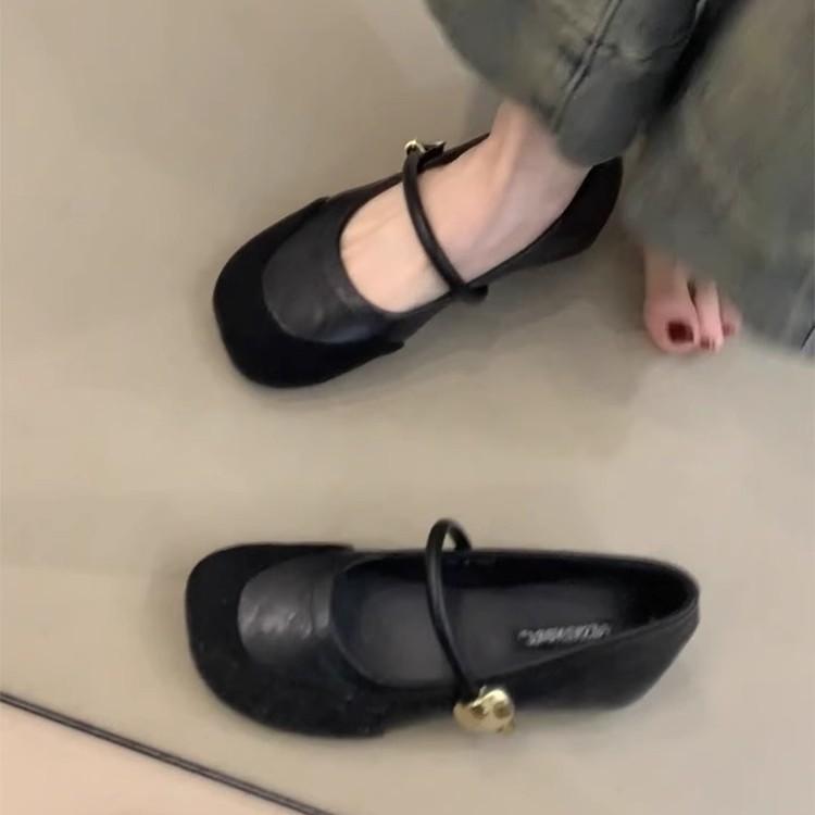 Soft leather version! French retro splicing Mary Jane shoes women's spring and autumn new one-word single shoes with shallow mouth inner height incr