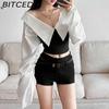 Autumn Women's Solid-Colour Slim-Fit Cropped Streetwear V-Neck Long-Sleeved Top