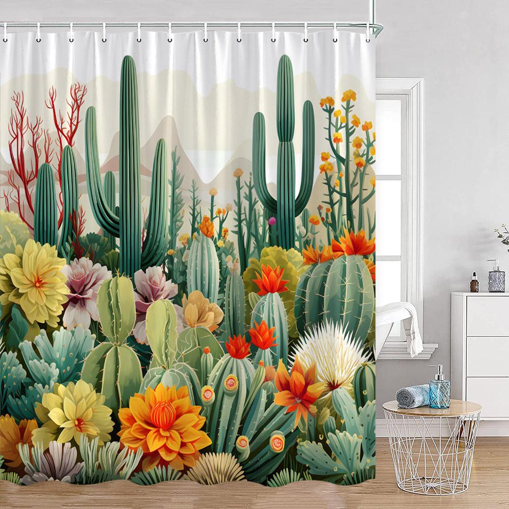 Шторка для душа с растениями Кошки Зеленые комнатные растения Листья Кот на унитазе Современный декор для ванной комнаты Полиэстеровая ткань Занавеска для ванны