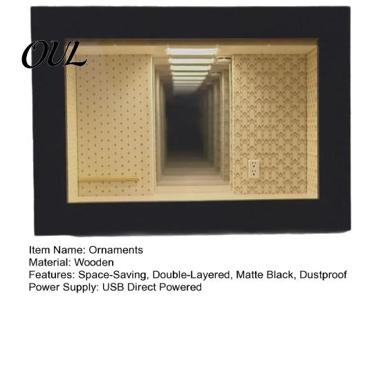 Figure Display Cabinet Decor Wooden Backrooms Style Night Light, Infinite Mirror Effect Tabletop Lamp, Matte Black Dormitory Desktop Dustproof Ambient