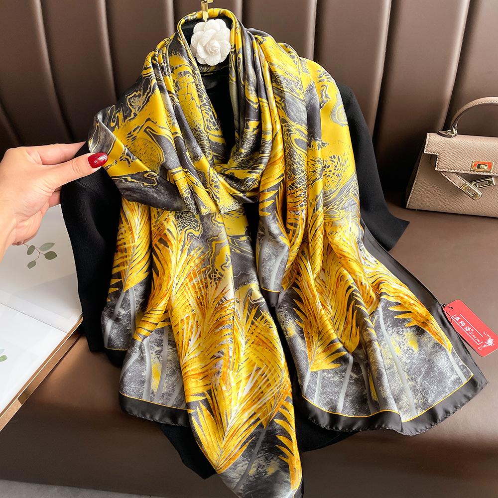 New Silk Scarf New Silk Satin Printed Shawl Holiday Fashion Sunscreen Long Section Simulation Silk Scarf