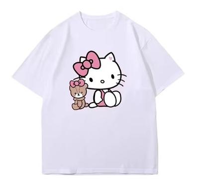 2026 ХеллоКитти Sanrio Печатная Хлопковая Футболка Летний Мультяшный Дизайн Детская С Круглым Вырезом Модная Свободная Посадка Повседневная Одежда