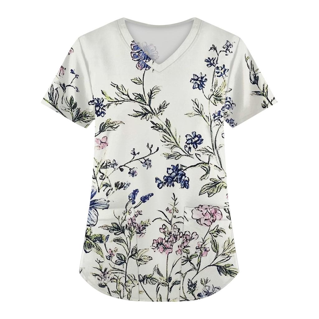 Женская мода с коротким рукавом и V-образным вырезом с карманами и цветочным принтом Топы Одежда