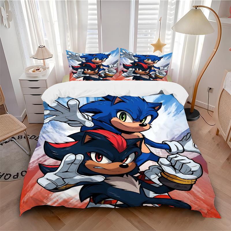 3pcs Speedsters United Sonic and Shadow's Quilt Set Cartoon Themed Bed Quilt Set Lovely Character Bedroom Decor Bed Quilt Set Four Seasons (1 Cov