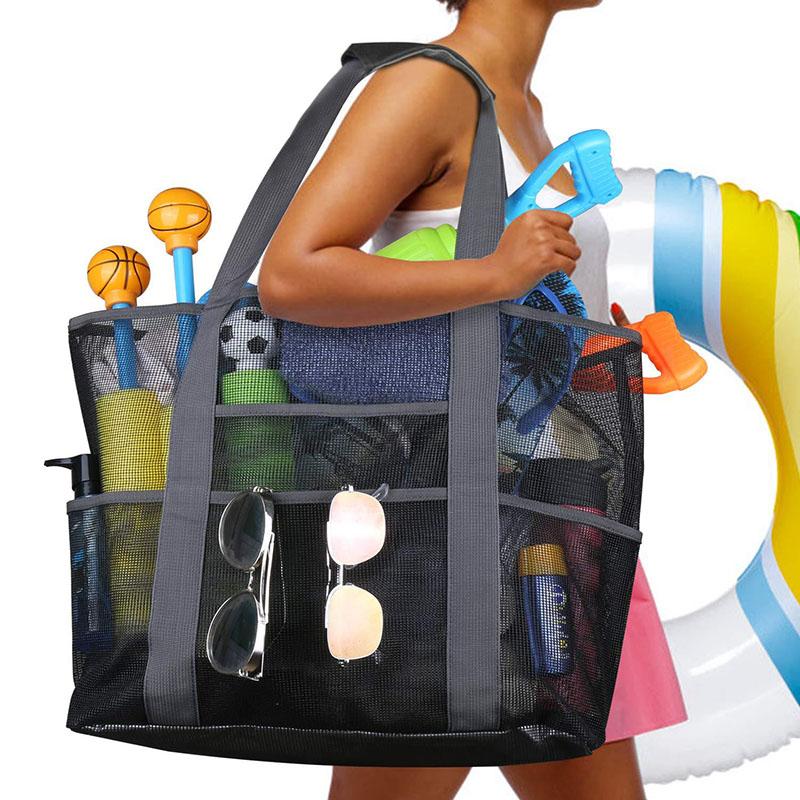 Summer Large Capacity Mesh Beach Bag For Towels 8 Pockets Durable Beach Bag For Toys Waterproof Underwear Pocket Beach Tote Bag