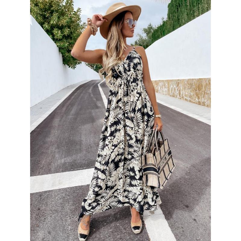 YYFS Женская мода лето весна перо принт без рукавов V-образный вырез высокая талия повседневные платья