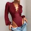 2021 Autumn Women's Solid Color Deep V-Neck Lace Slim Bodysuit