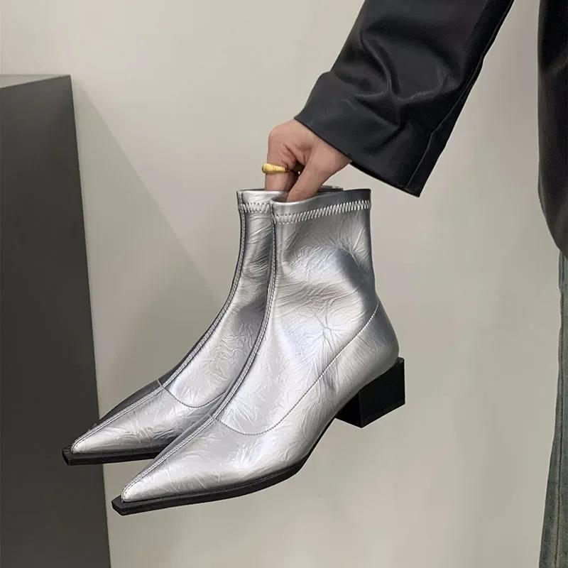 Мода остроносые женские тонкие ботильоны модные квадратные низкие каблуки женские элегантные молнии сзади короткие ботильоны женская обувь