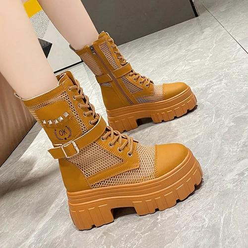 Модные женские осенне-летние ботинки 2024 года, модные дышащие сетчатые кроссовки, высокие ботильоны на платформе для женщин, уличные ботинки на шнуровке, массивная обувь