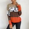 Vintage Fashion Elegant Casual Autumn and Winter Tops Leopard Print Color Blocking Long-sleeved Outer Sweater