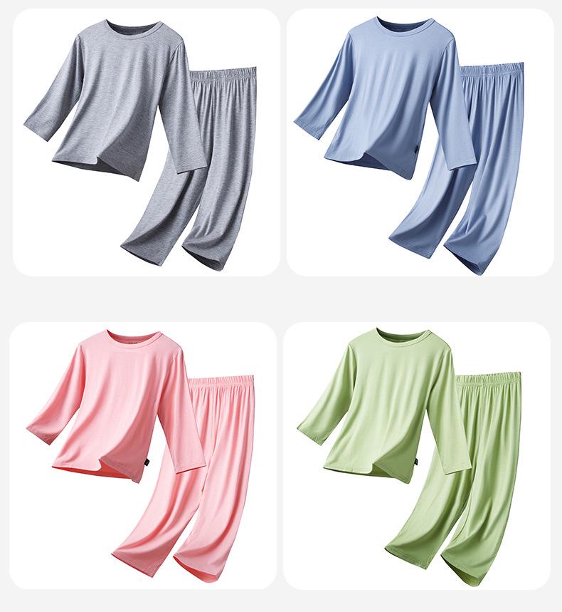 Детский модальный пижамный комплект - Летний легкий, с круглым вырезом, с длинными рукавами и брюками для мальчиков и девочек.