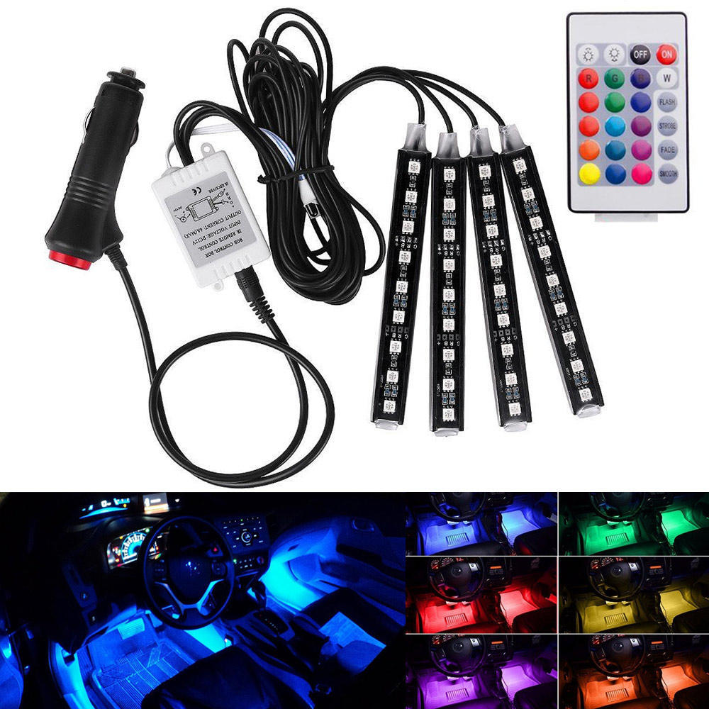 4pcs Car RGB LED Strip Light LED Strip Lights Colors Car Styling Decorative Atmosphere Lamps Car Interior Light With Remote 12V