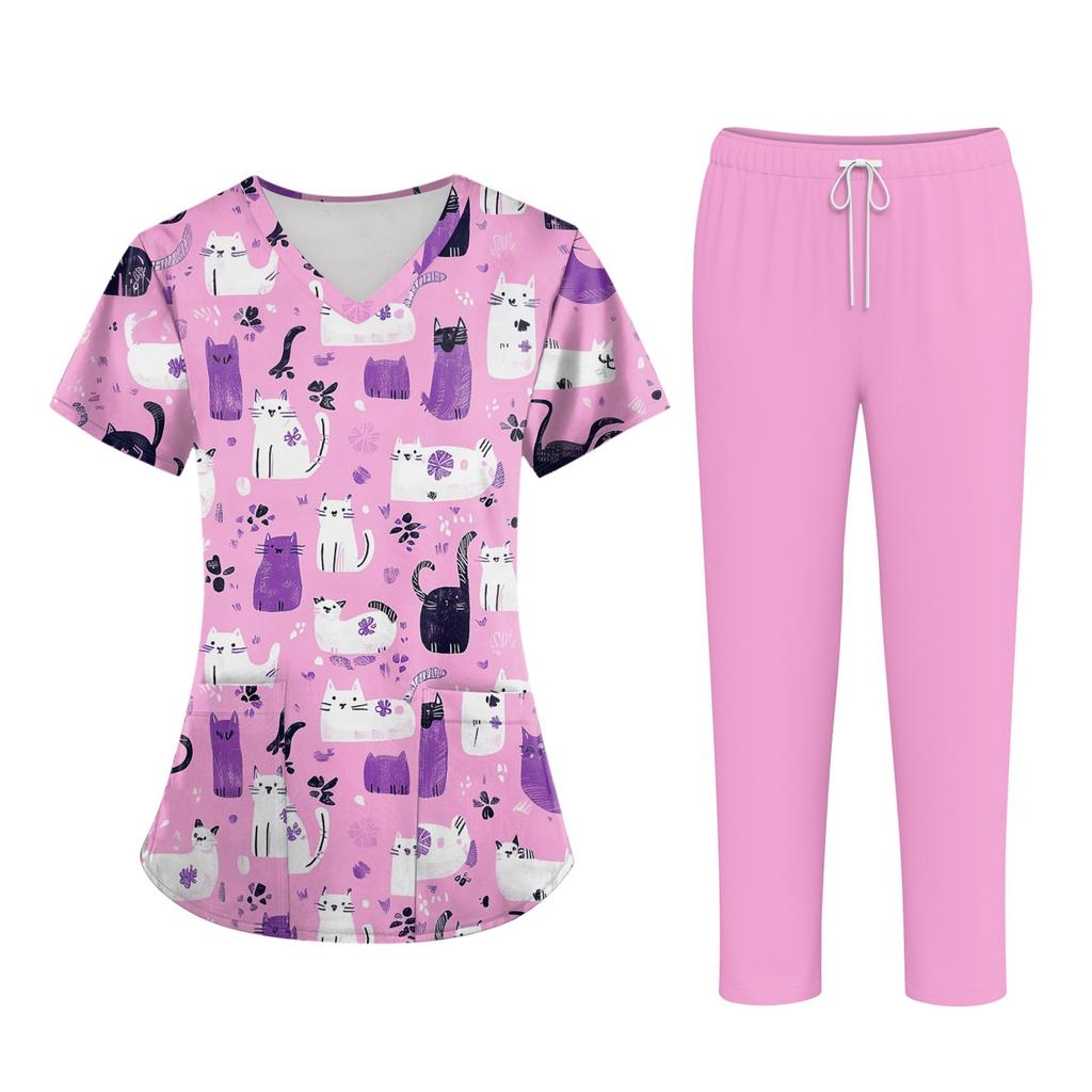 Плюс размерСкраб с принтом Рабочая форма Топы для женщин Крест V-образным вырезом Хэллоуин Принт с короткими рукавами Забавные футболки Спецодежда Футболка с карманами