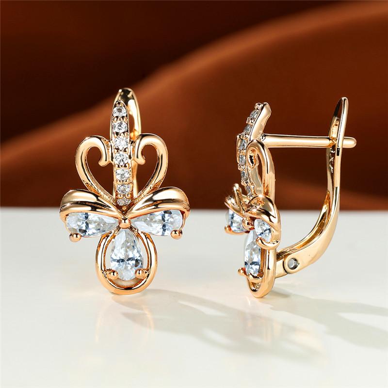 Роскошные женские серьги с радужным цирконием, маленькие серьги-клипсы цвета розового золота для женщин, изящные свадебные серьги с кристаллами и цветами