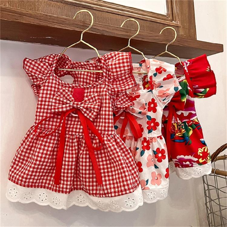 Dress for Dog Lovely Lattice/Flower Print Skirt Pet Birthday Wedding Dress