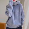 Women Sweater Pile Collar Drawstring Hooded Long Sleeve Knitting Tops Solid Color Casual Loose Fit Knitwear