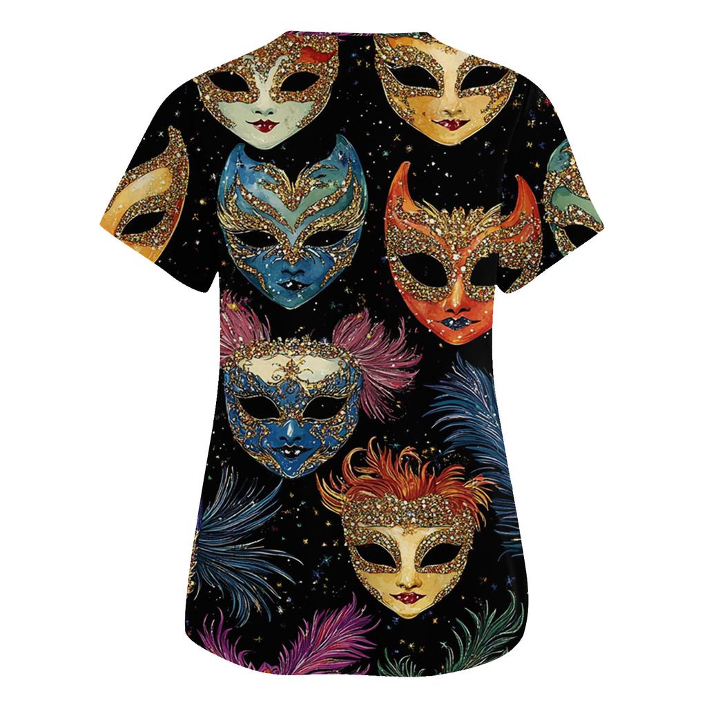 Женская мода V-образный вырез короткий рукав комбинезон с карманами принт топы одежда