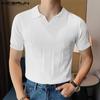 INCERUN Летние мужские вязаные топы-поло с коротким рукавом и V-образным вырезом, сплошной цвет