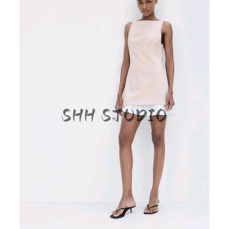 Spring and Summer New Women's Clothing Minimalist Sleeveless Boat Neck Wide Pleated Hem Poplin Patchwork Short Dress 2305554