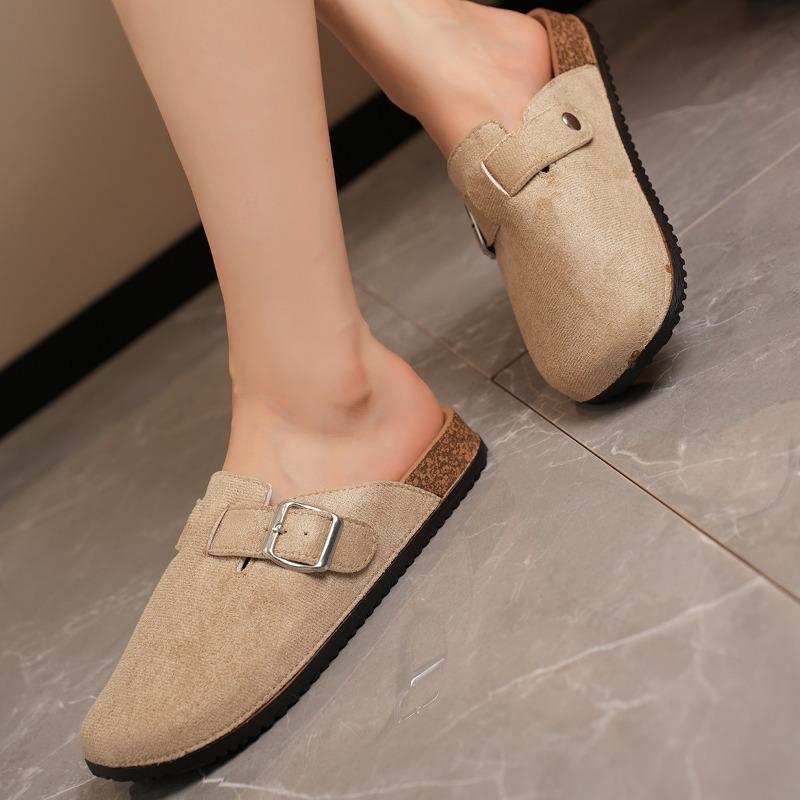 Обувь для женщин 2024 года, горячая распродажа, женские тапочки с пряжкой, весенние, закрытый носок, однотонные, флоковые, на низком каблуке, повседневные тапочки-мюли