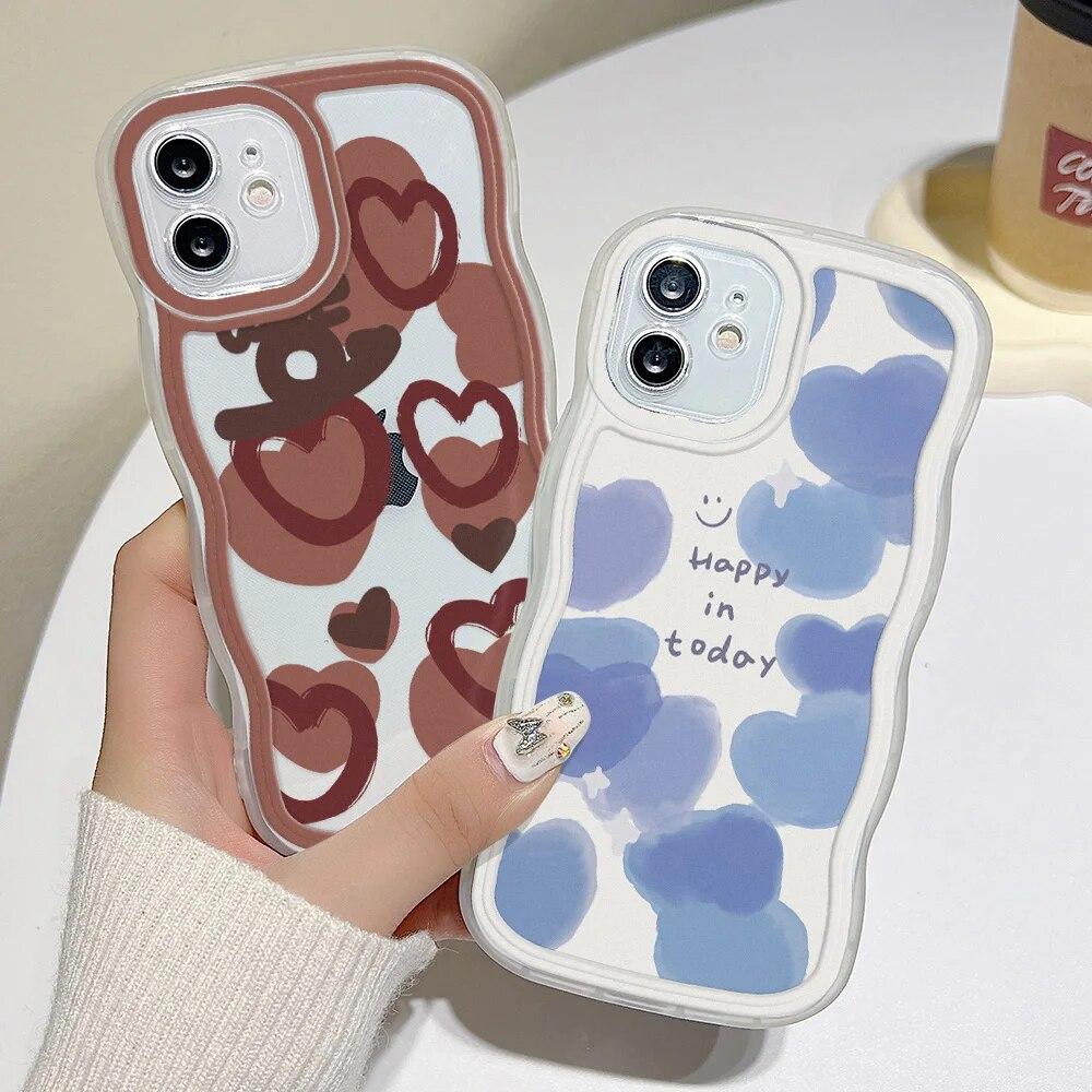 Love Heart Wavy Phone Case For iPhone 15 14 13 11 12 Pro Max 7 8 14 15 Plus X XR XS Max SE 2020 Shockproof Soft Clear Back Cover