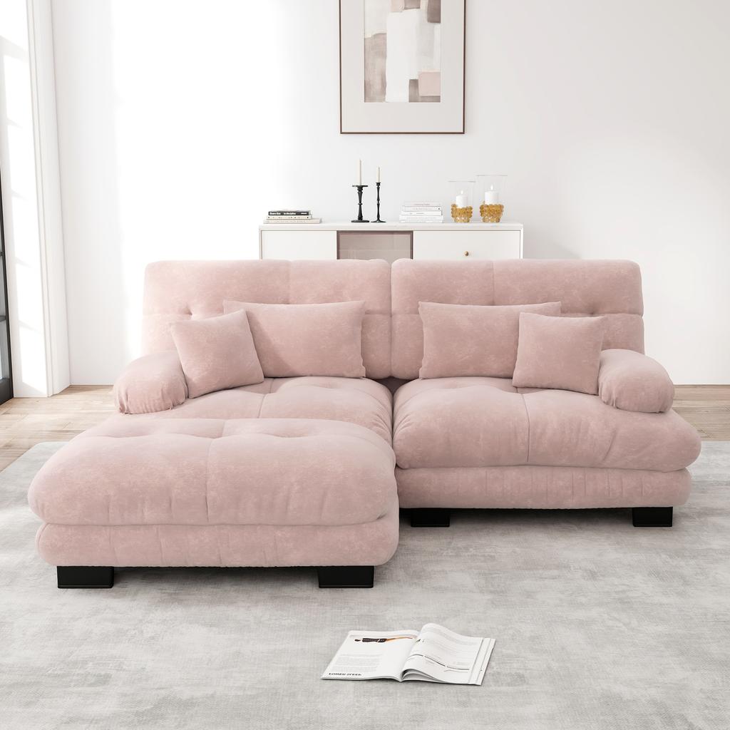 Cloud corner sofa for living room, chenille double sofa, 2 lumbar pillows, 2 decorative pillows, wide armrests, ottoman, pink