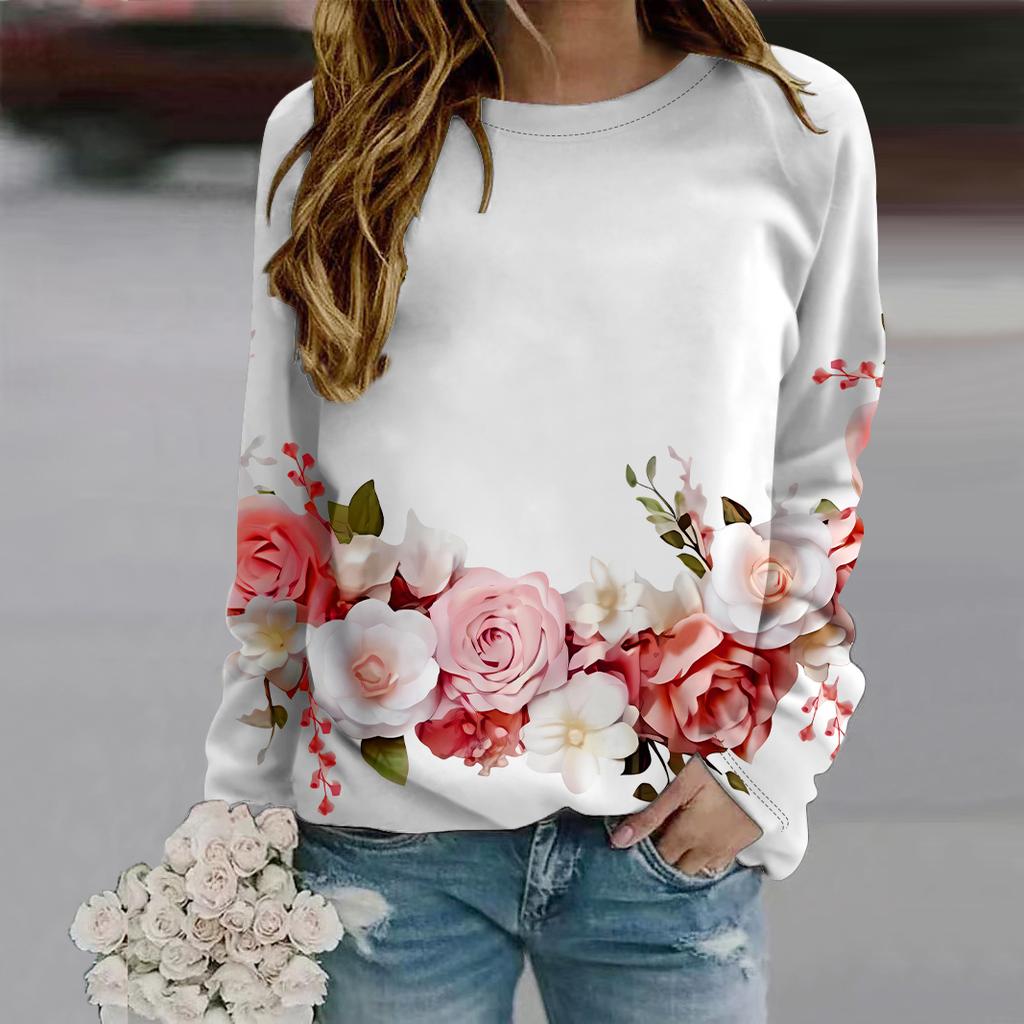 Fall Autumn Women'S Fashion O Neck Long Sleeve T-Shirt Loose Clothes Cool Rose Print T Shirt For Girls Street