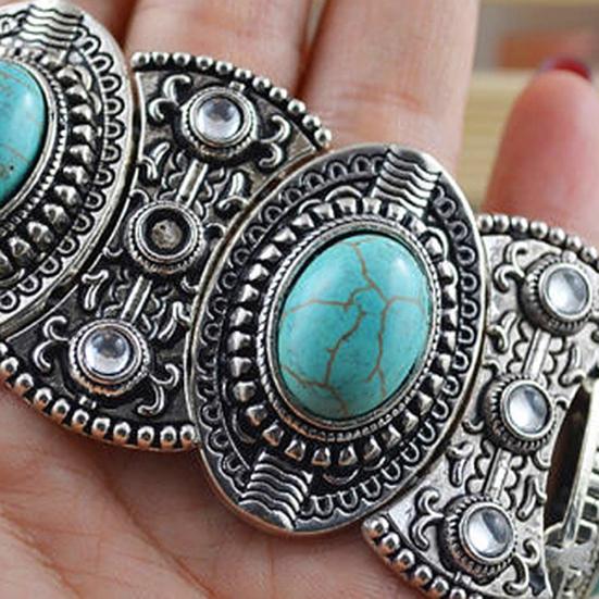 Retro Women's Gift Oval Turquoise Carved Tibetan Bangle Bracelet Boho Jewelry