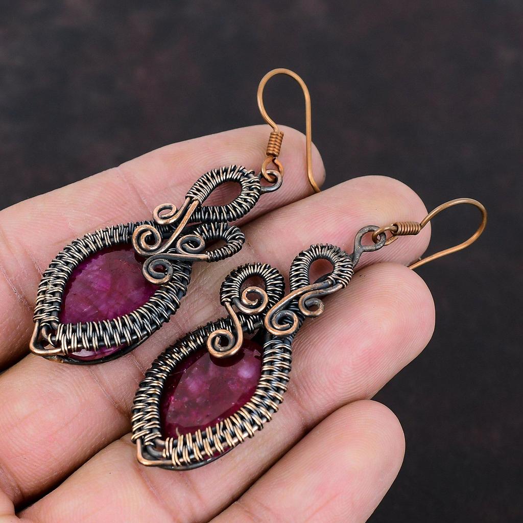 Граненые серьги с кашмирским рубином, медная проволока, серьги ручной работы, медные ювелирные изделия, подарок для женщин, серьги из натурального драгоценного камня, новые ювелирные изделия