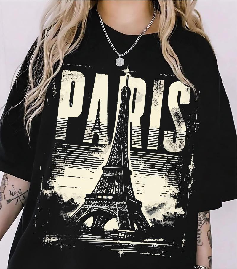 Paris Eiffel Tower T-Shirt: Euro Trip Souvenir Tee Summer Men's and Women's Loose and Breathable T-shirt Top