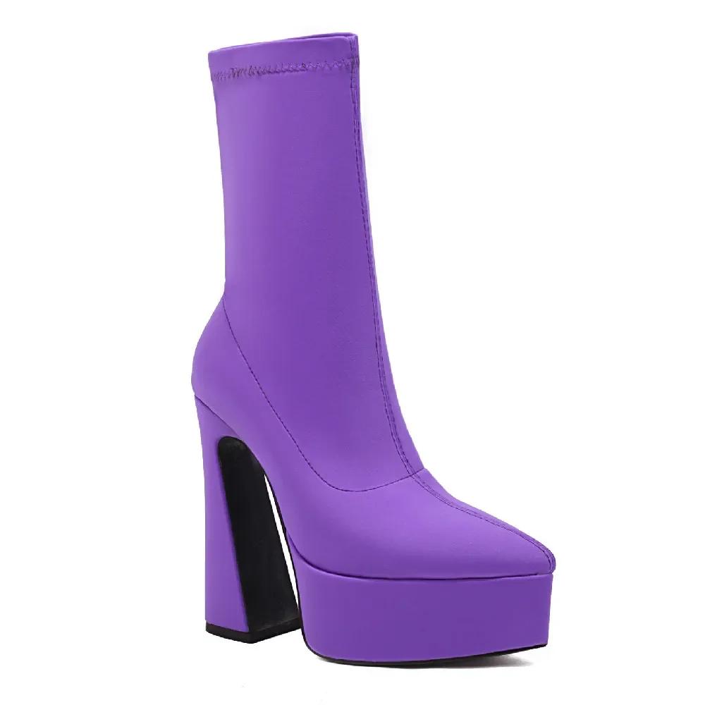 Женские ботильоны на платформе, на высоком толстом каблуке, с острым носком, розово-красные, фиолетовые, из эластичного атласа, для вечеринки, клуба, женские осенние короткие ботинки-слипоны