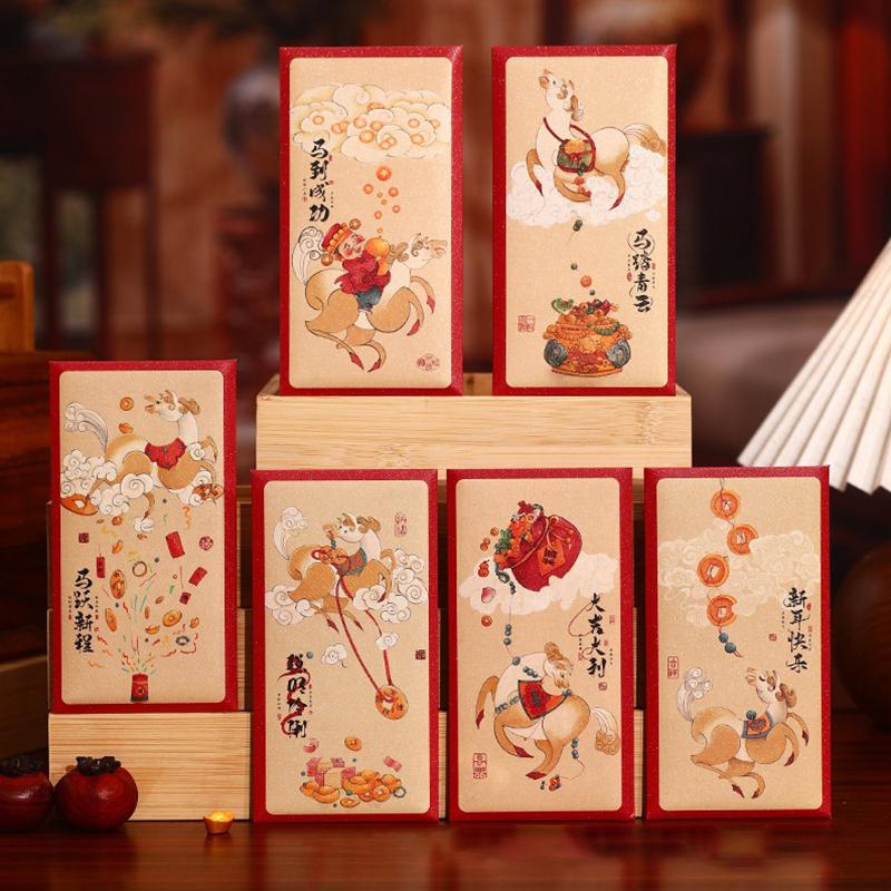 6 шт. Красные конверты 2026 год Лошади в китайском стиле, благословение, конверты для счастливых денег, традиционные мультяшные красные пакеты
