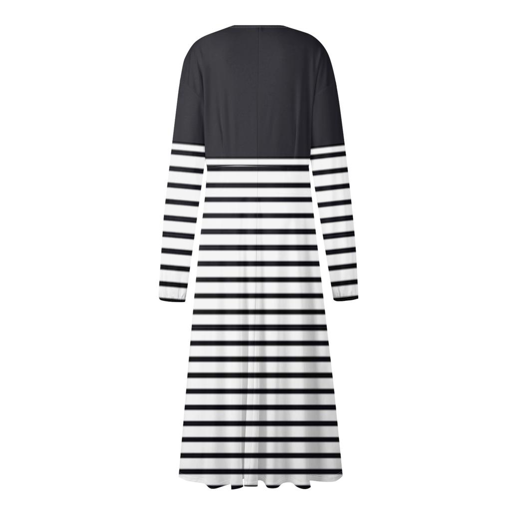 Женское осеннее и зимнее повседневное модное длинное платье с v-образным вырезом и длинным рукавом в полоску и принтом