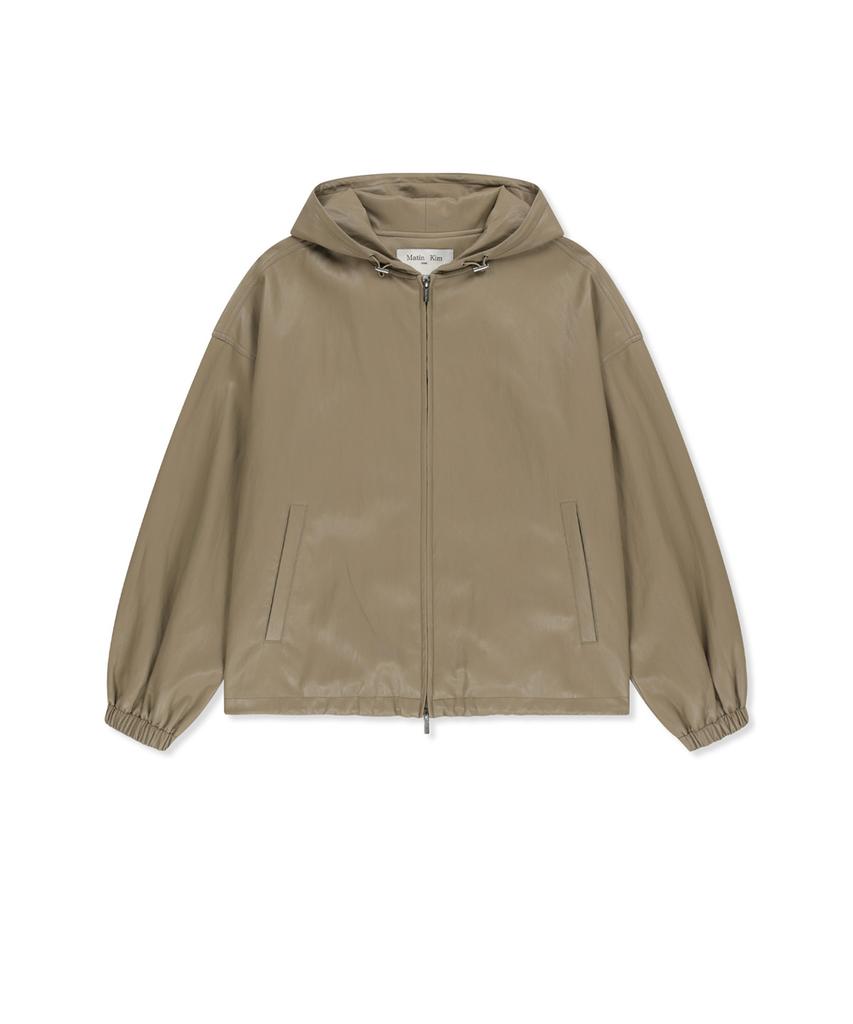 MATIN KIM Faux Leather Applique Logo Hoody Jumper In Beige