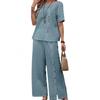 Women's Fashionable Loose Round-neck Button Short-sleeved Shirt and Wide-leg Pants Set