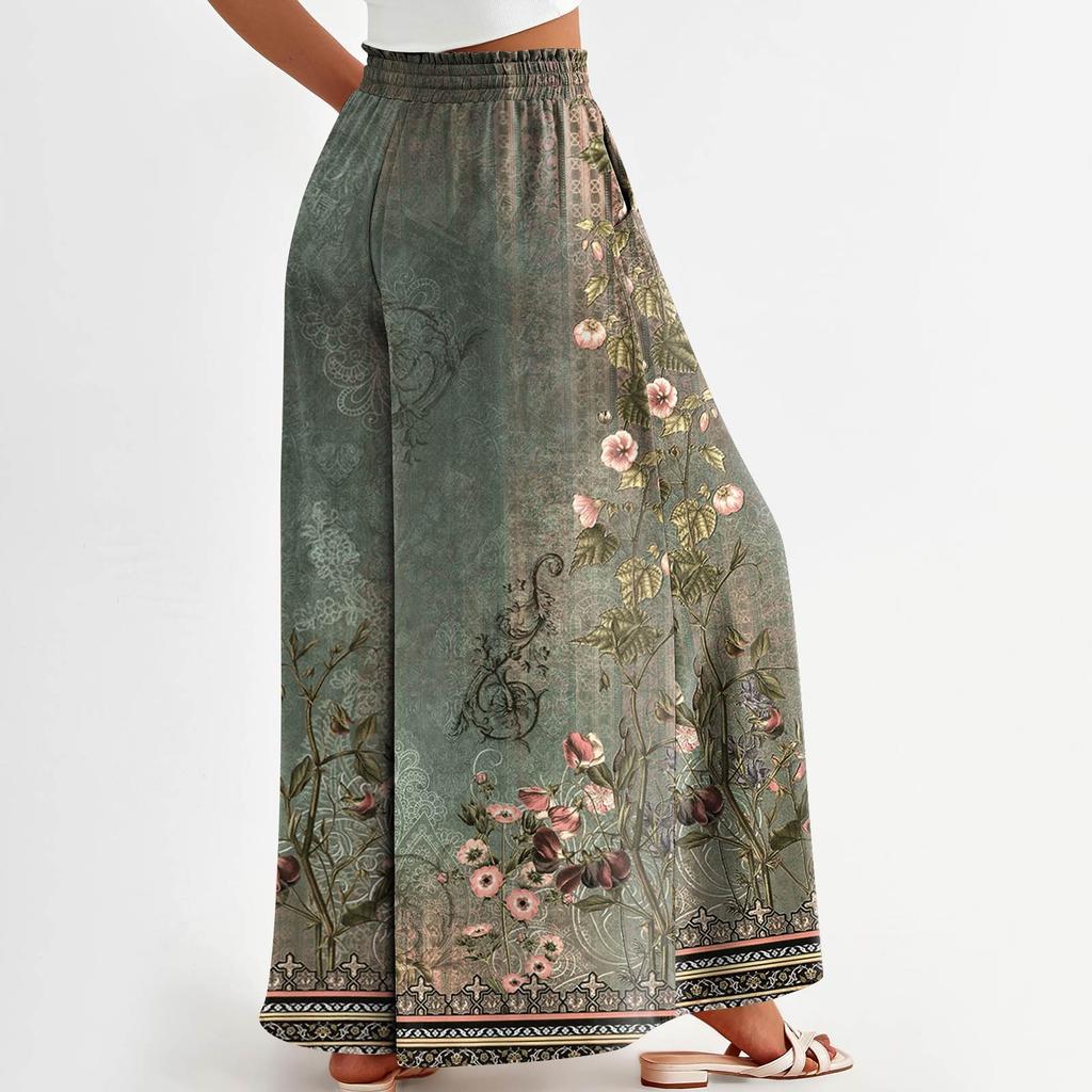 Women's Palazzo Pants Boho Floral Wide Leg Trousers Summer Beach High Waisted Flowy Pants With Pockets