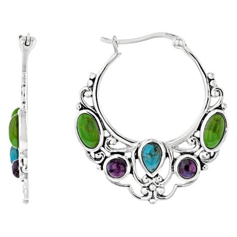 Серьги-кольца в богемном стиле с инкрустацией синтетической бирюзой, женские, винтажные, с серебристым покрытием, для банкета, праздничные, ювелирные аксессуары