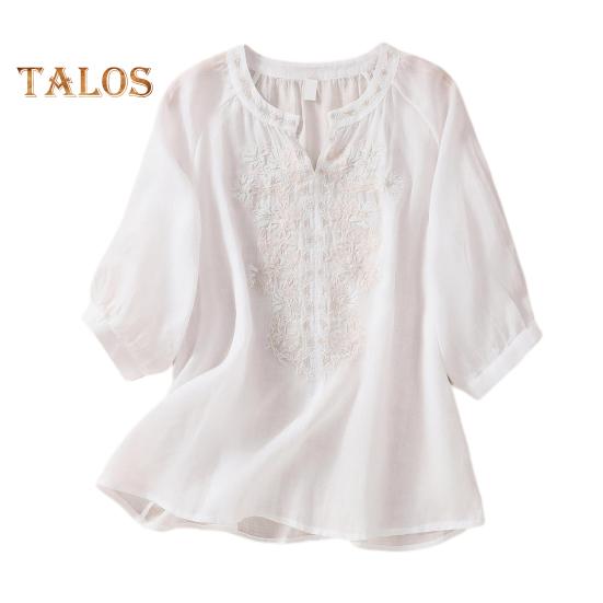 Летняя женская рубашка с V-образным вырезом и цветочной вышивкой, рукава три четверти, свободная однотонная ретро-мама, женская повседневная блузка среднего возраста