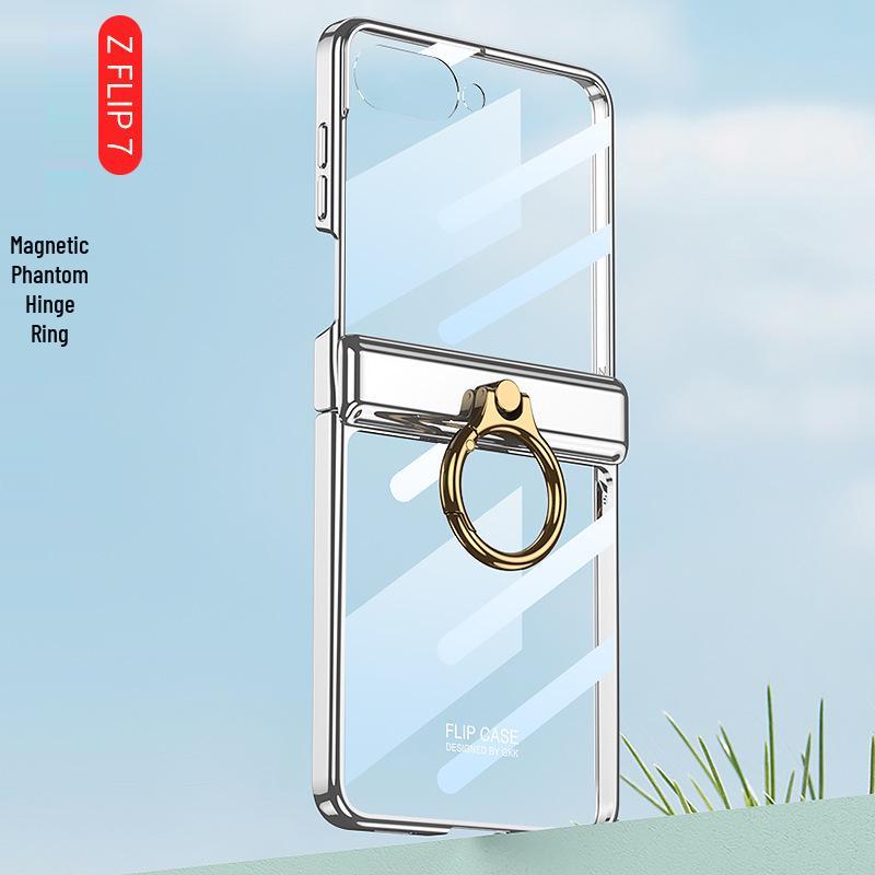 Samsung Z Flip7 Transparent Phone Case with Integrated Ring Buckle and Full-Cover Hinged Hard Shell